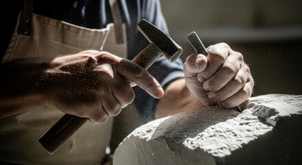Dedicated craftsman meticulously shaping stone with hammer and chisel in a dust-filled workshop