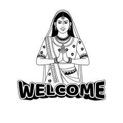 Traditional Indian Woman Welcoming with Namaste &ndash; Line Art Vector