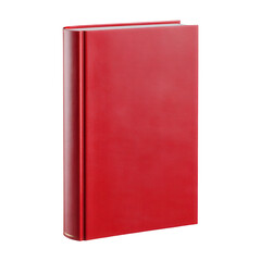 A vibrant red closed book with a textured cover and a gold spine accent stands against a plain black background showcasing its elegant design