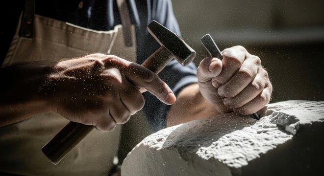 Dedicated craftsman meticulously shaping stone with hammer and chisel in a dust-filled workshop