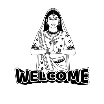 Traditional Indian Woman Welcoming with Namaste &ndash; Line Art Vector