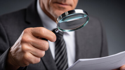 A businessman holding magnifying glass over document, suit and tie, close up, investigation, inspection, paper review, focused expression