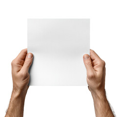 Obraz premium Man hands holding a blank white paper isolated on black background