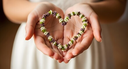 Hands gently hold a delicate heart-shaped floral wreath, symbolizing love, care, and the beauty of nature in a tender gesture