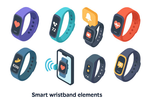 Fitness and health isometric icon set. featuring heart monitor, steps counter, smartwatch, and notifications