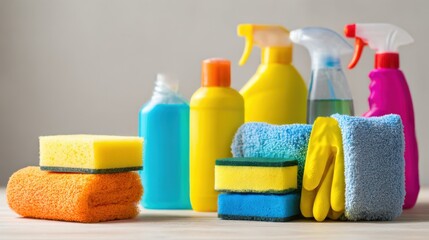 Cleaning products with colorful bottles, sponges and gloves in a bucket for housework. Various items for home cleaning and disinfection.