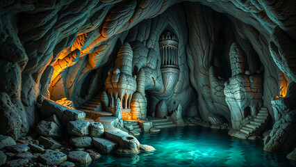 Mystical underground grotto with a glowing pool and an inner city.
Mystical underground grotto features intricately carved rock formations, creating a cathedral-like atmosphere. 