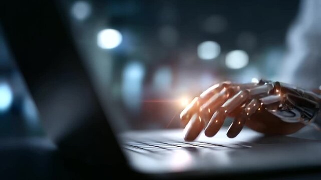 Faceless hand using laptop with AI interface and code defocused virtual programming screen background generative AI development prompt engineering interface artificial