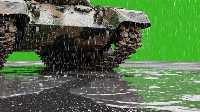 Heavy military tank tracks splashing through puddles on a wet road during a downpour.