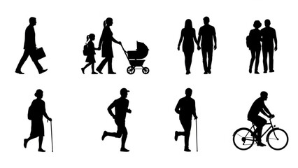 Fototapeta premium Collection of various people engaging in daily activities in black silhouette
