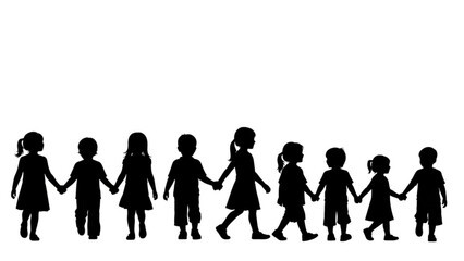 A group of children holding hands in a line walking together