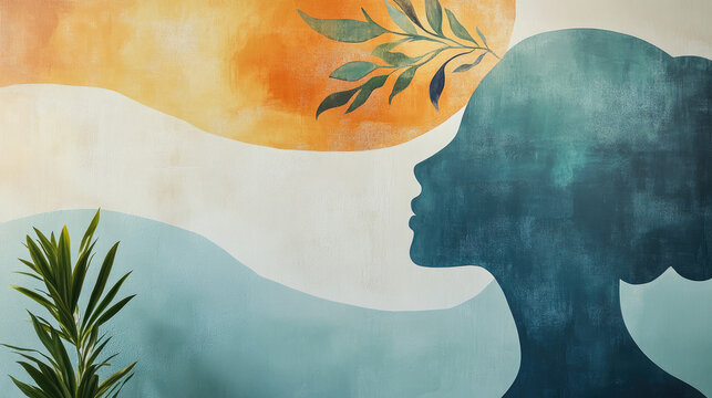 A silhouette of a woman in profile, overlaid with abstract shapes, and soft colors, evoking a sense of tranquility. The composition is aesthetically pleasing and artistic AI Generative
