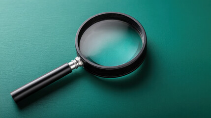 Magnifying glass magnifier lens on green background close up, educational concept with sharp shadow and reflective glass conveying focus and curiosity
