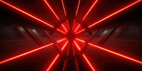 Futuristic sci fi corridor with glowing red neon lines and geometric panels creating dramatic perspective and intense atmosphere, high contrast lighting evokes tension and energy