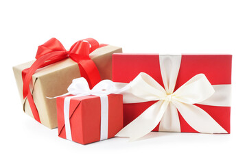 Beautiful gift boxes with bows isolated on white