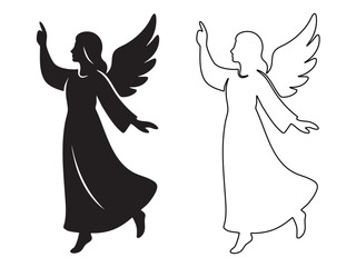 Silhouette and outline of christmas angel with wings, isolated on white background. concept of christmas, heavenly being, spirituality, divine messenger, icon, logo, design element