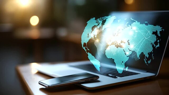 AI translation technology with multilingual communication interface faceless smartphone and laptop setup defocused language learning background global business connectivity art