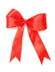 Beautiful bow made with red ribbon isolated on white, top view