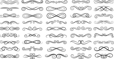 Ornamental flourish design set, decorative line art collection, elegant embellishment graphics, typography accents, black and white vector illustration © Creative _design