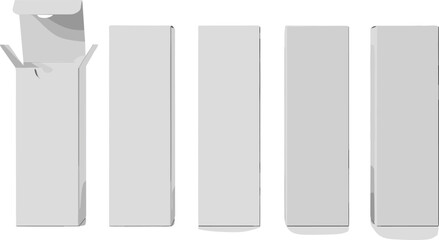 Packaging box illustration, open and closed views, product container design, structural layout set, flat vector graphic collection