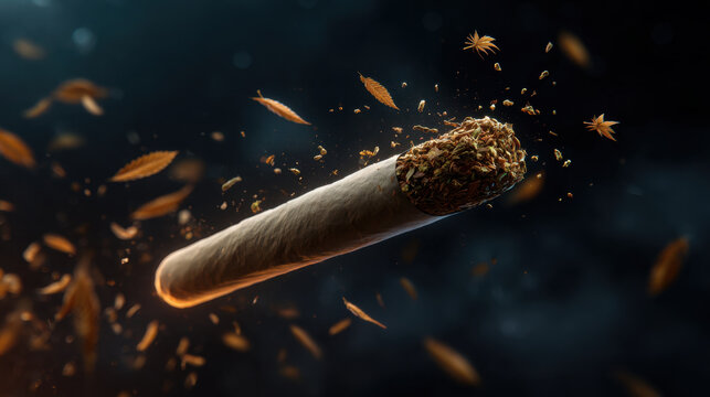 Floating pre rolled joint with loose cannabis leaf fragments and warm glowing ember, dramatic dark background evokes calm and smoky atmosphere, closeup detailed texture and motion