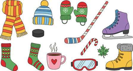 Winter item collection, cozy accessories, festive clothing, holiday gear, seasonal essentials, cartoon style objects, flat vector illustration
