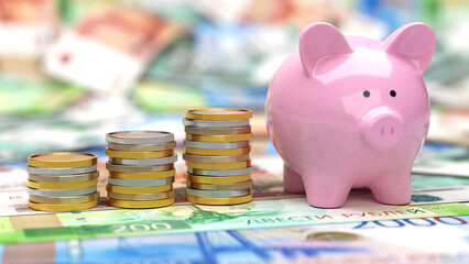Pink piggy bank and ascending stacks of Russian Ruble coins and banknotes, symbolizing savings growth.