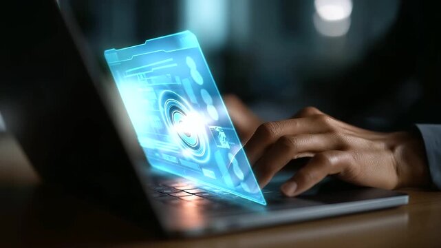 Close up of faceless hands using laptop with AI powered OCR graphics defocused data extraction background artificial intelligence scanning document digitization analytics