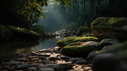 Moss covered river rock in tranquil mountain forest stream bathed in soft sunlight with leafy canopy and misty depth creating serene, peaceful atmosphere