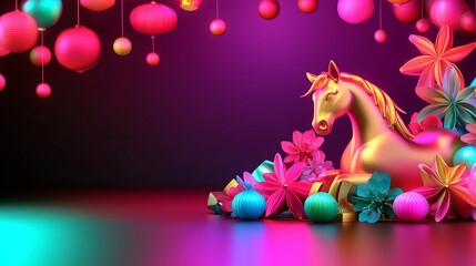 A horse adorned with intricate golden patterns, in a dynamic pose on a vibrant red background, with copy space for 2026 Chinese New Year text.