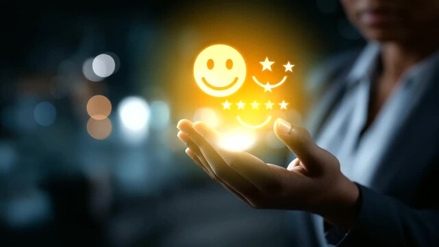 Customer satisfaction concept faceless hand holding five star smiley emoji defocused positive feedback background high rating visualization excellent service quality user