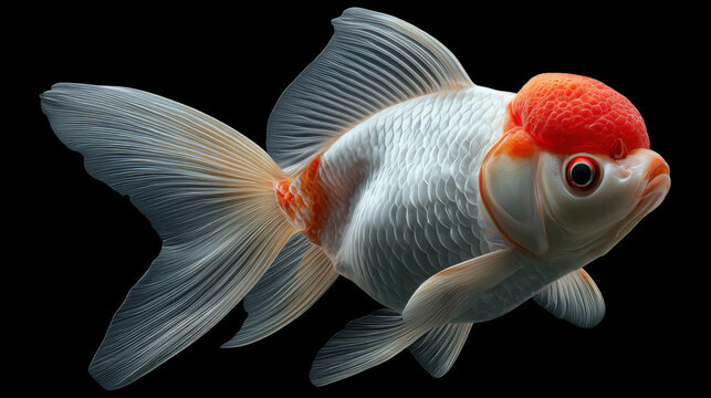Silvery white and orange ranchu goldfish with delicate scales and flowing fins swimming against black background, elegant ornamental aquarium fish with gentle expression and vivid color