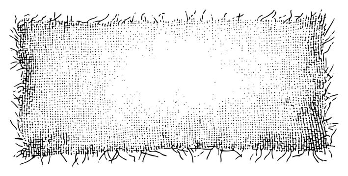 Hand drawn vector sketch of a rough burlap fabric patch with frayed edges