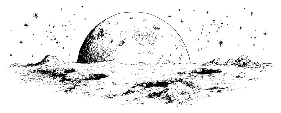Hand drawn vector illustration of a moon surface landscape with craters