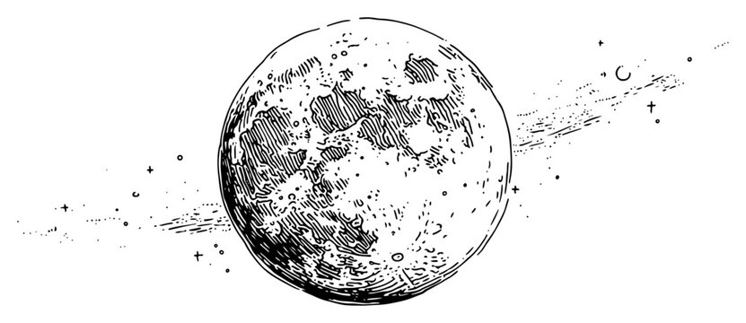 Hand drawn detailed sketch of a full moon or planet floating in space