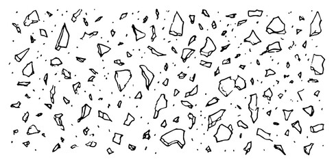 Abstract background of scattered broken glass shards and flying debris in black and white sketch style