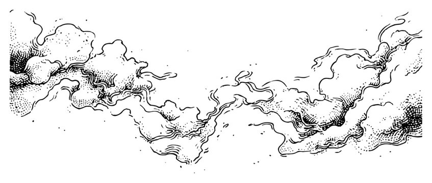 Horizontal banner featuring swirling smoke or clouds drawn in vintage stipple sketch style
