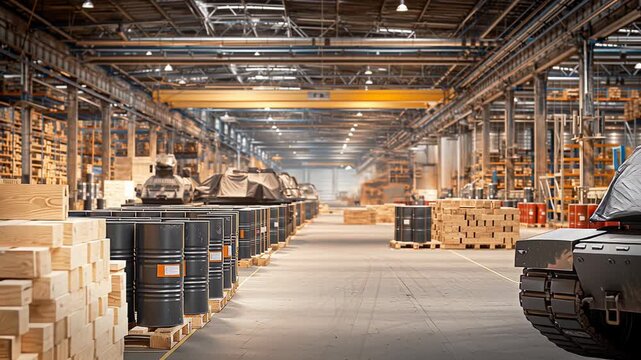 Cinematic view inside a massive steel hangar showcasing rows of barrels and vehicles, camera pans through the expansive industrial space
