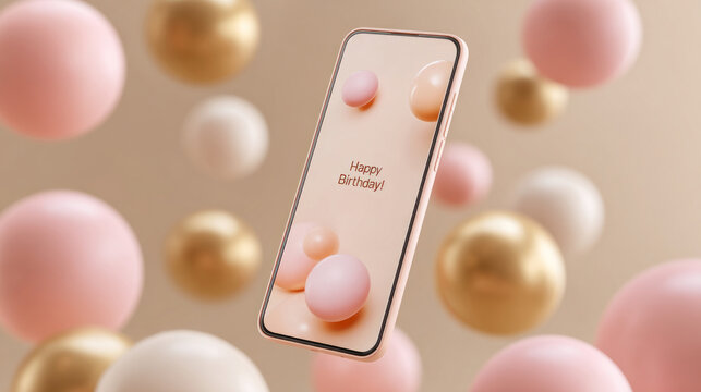 Modern smartphone floating among pastel balloons with &ldquo;Happy Birthday!&rdquo; on screen, blending tech and celebration in soft pink and gold tones for digital greetings and mobile-first party content