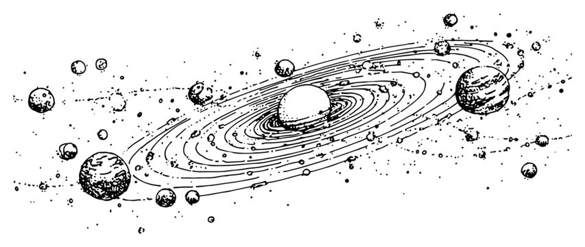Hand drawn vector sketch of a solar system with orbiting planets and stars