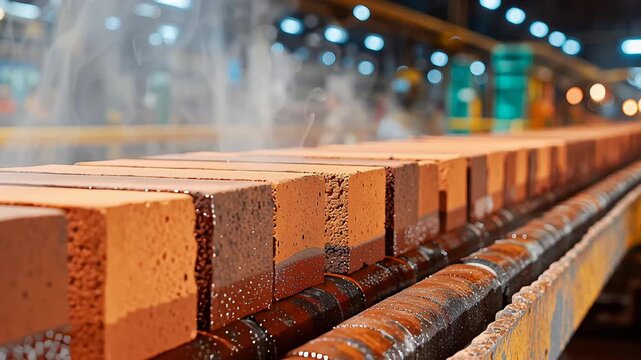 Conveyor system showcases red clay bricks in a factory setting, with a gradual zoom in capturing the intricate details and textures