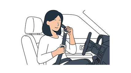 A woman in a car is carefully buckling her seatbelt before driving safely