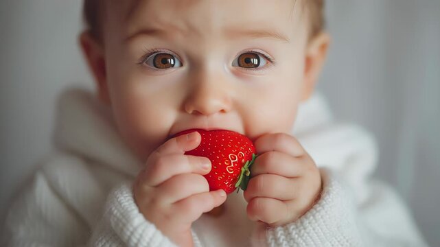 Child joyfully eating delicious strawberries, showcasing a delightful progression of expressions, camera zooms in on the happy moment