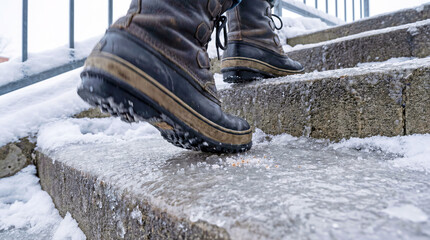 Person walking cautiously on icy outdoor stairs in winter