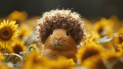 A guinea pig with curly hair peeks out from a field of yellow sunflowers. AI.