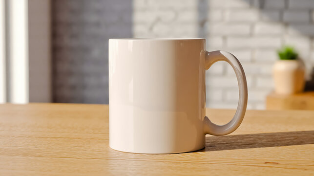 A white coffee mug with a handle on a wooden table - Powered by Adobe