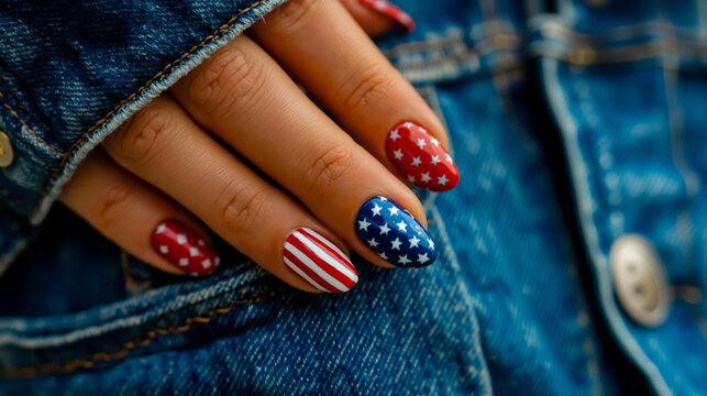 A close-up of a person's hand with red white and blue nail polish