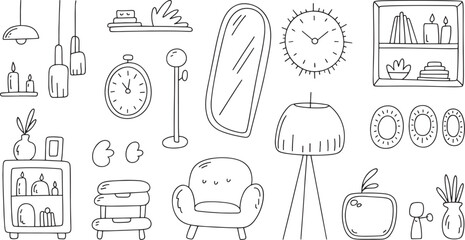 "Interior Design Icons &ndash; Living Room Furniture, Clocks, Lamps, Shelves, and Home Decor Elements"