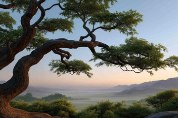 Ancient twisted tree branch frames misty valley at sunrise with layered mountain ridges and lush green foliage creating serene atmospheric landscape scene