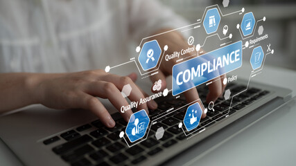 A visual representation of compliance in a business environment, showcasing hands typing on a laptop with graphical elements related to quality control and assurance. Tessel